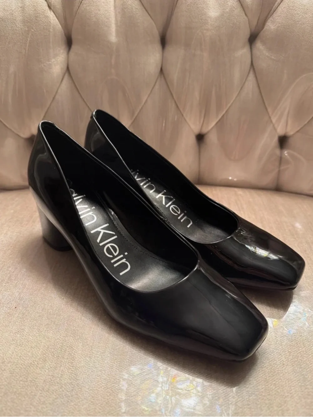 Calvin Klein Black Patent Square-Toe Pumps - Sleek Gloss